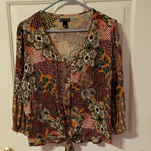 New Directions Floral Patchwork Blouse - Red, Green, Orange